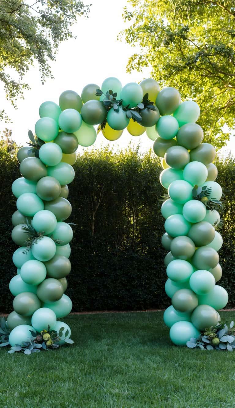 Sage green balloon arch with mint and olive balloons, accented by eucalyptus greenery in a garden setting.