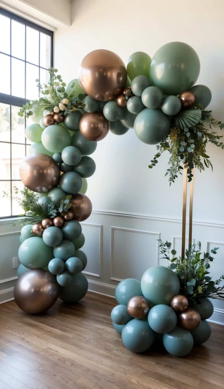 Sage green balloon arch featuring copper metallic balloons and eucalyptus accents for a stylish modern design.