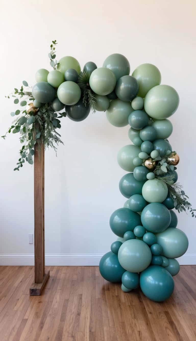 Sage green balloon arch with wood frame, soft gold accents, and eucalyptus greenery for a simple, natural look.