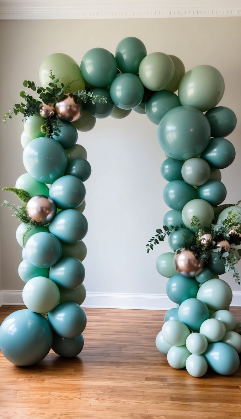 Balloon arch with layered sage green shades, metallic accents, and leafy greenery on a wooden floor.
