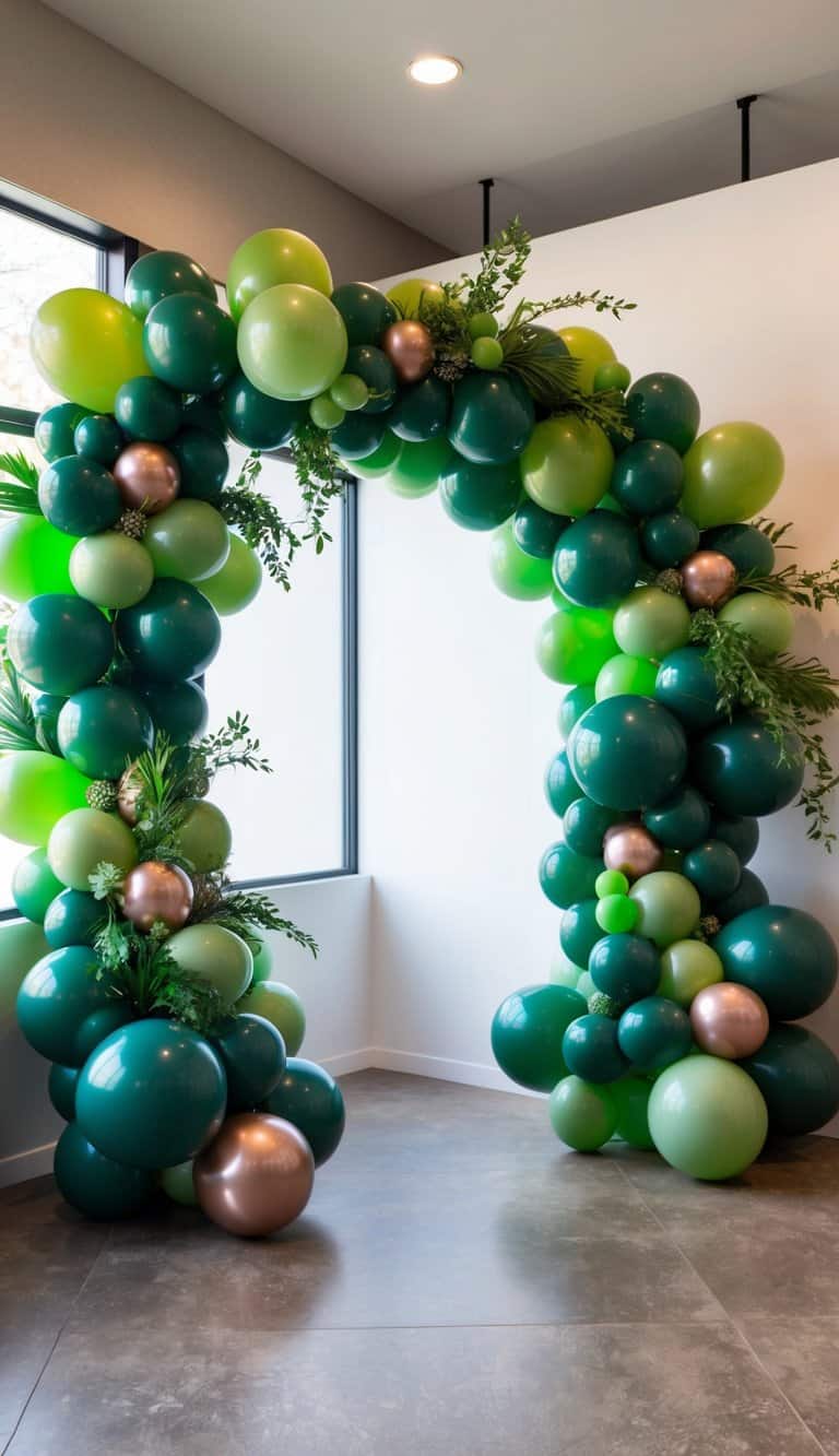 Sage balloon arch with varying greens, bronze balloons, and simple greenery in a bright corner room.
