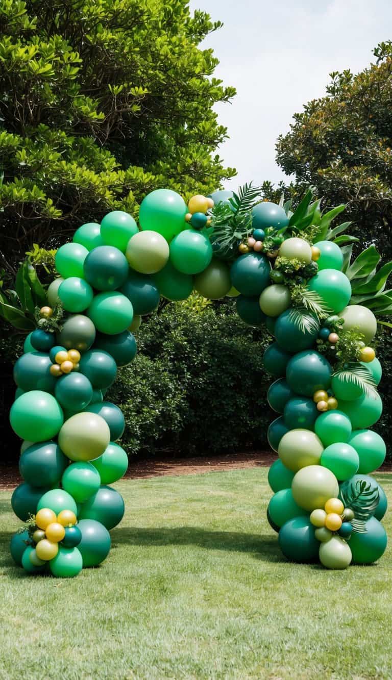 Sage green balloon arch with mixed greens, broad tropical leaves, and gold balloon clusters on grass.