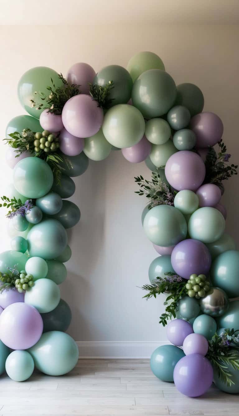 Sage green and lilac balloon arch with small green balloon bunches and fresh leafy greenery.