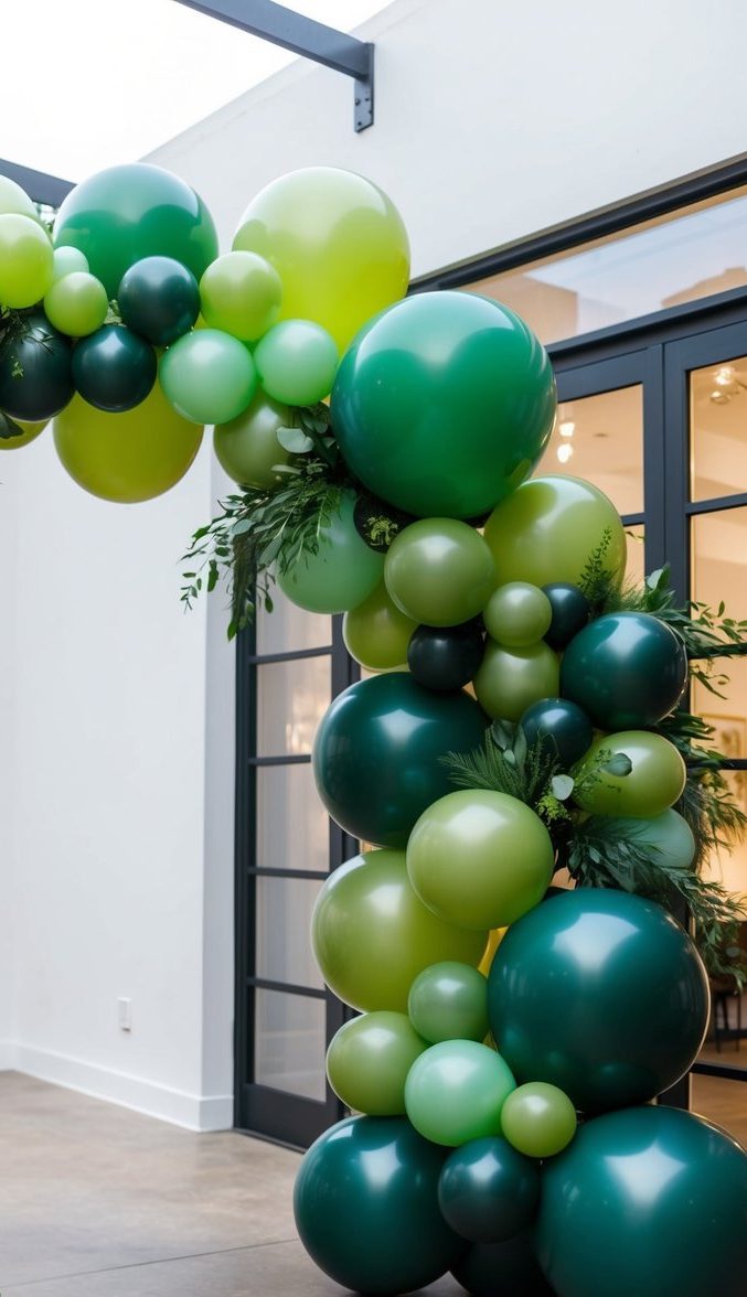 Stacked green balloon arch with light and dark shades, accented with greenery.