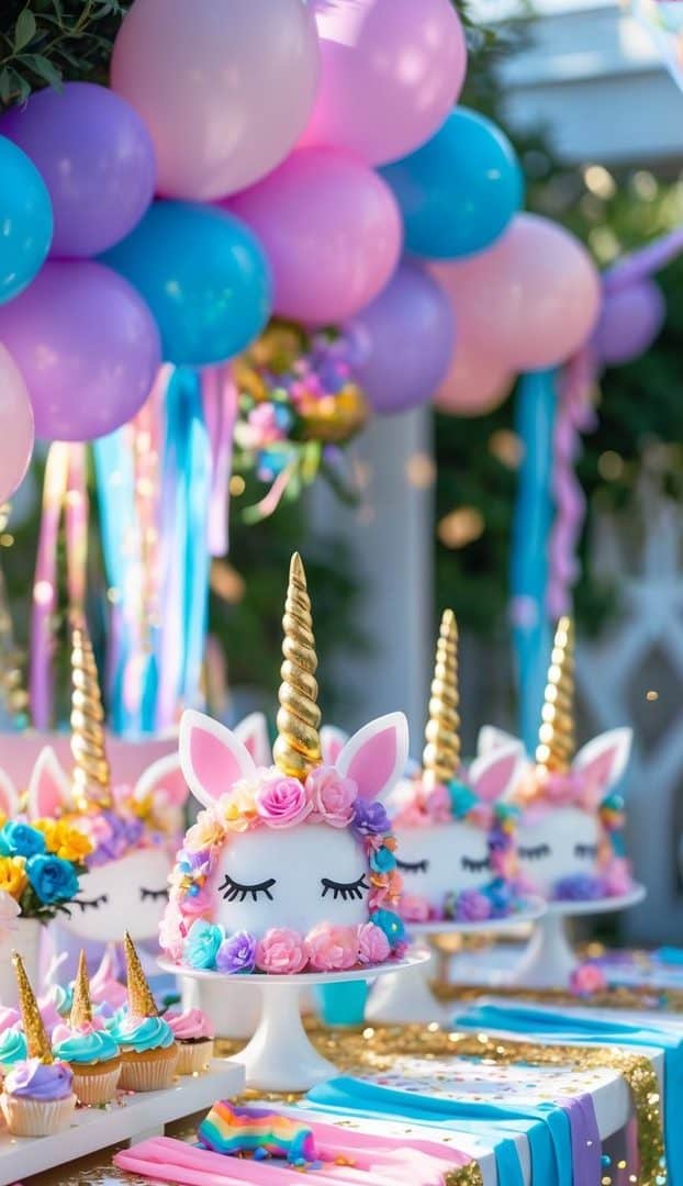 Vibrant unicorn party scene with pastel balloon arch, gold horn cakes, and rainbow ribbons on a sequin-covered table.