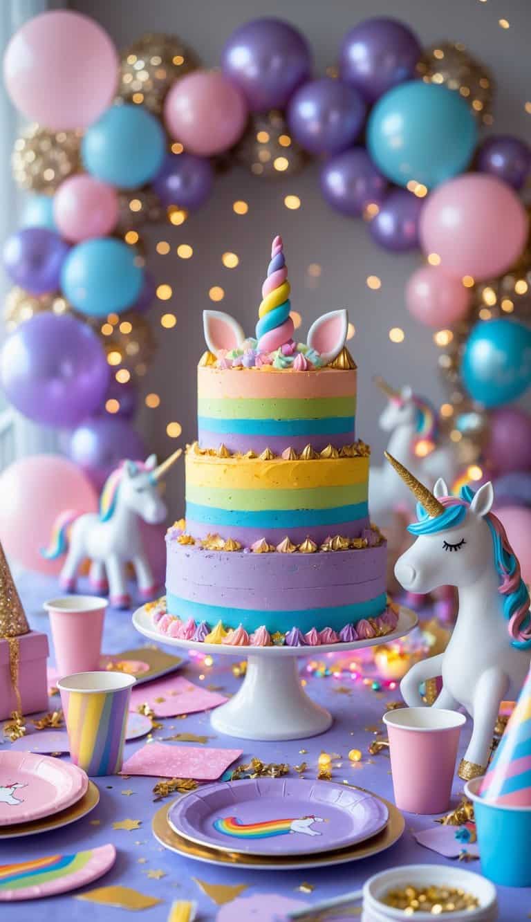 Two-tiered unicorn cake with pastel rainbow stripes and horn topper, surrounded by unicorn decorations, balloons, and party tableware at a festive birthday setup.