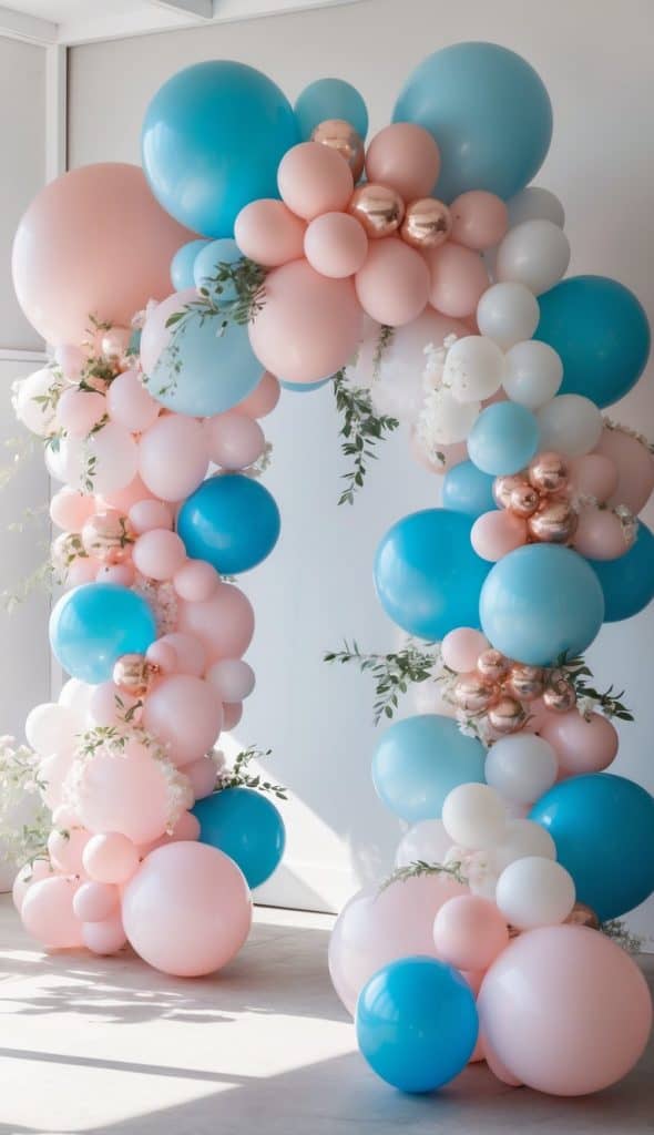 An arch made of pastel pink, blue, white, and metallic balloons decorated with green leaves stands indoors.