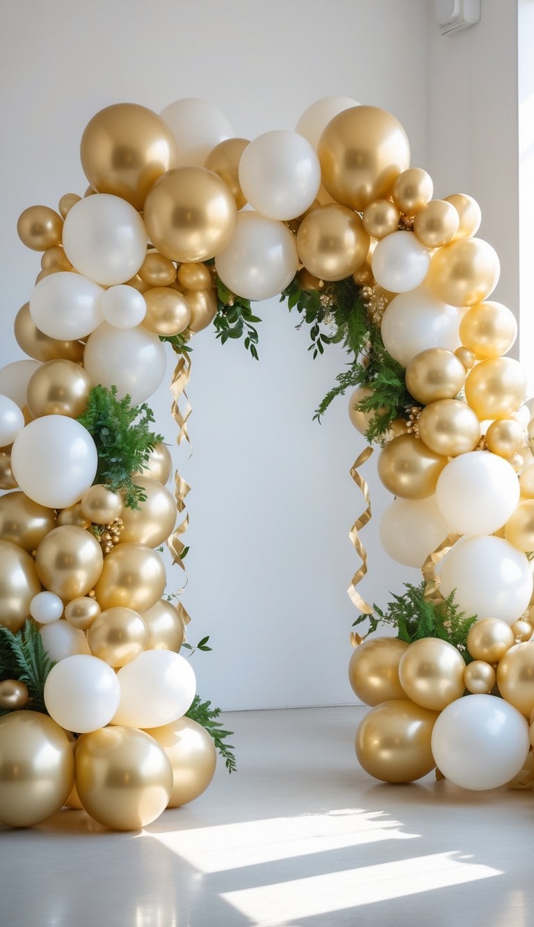 A gold and white balloon arch with mixed balloon sizes and greenery accents arranged asymmetrically for a festive celebration.