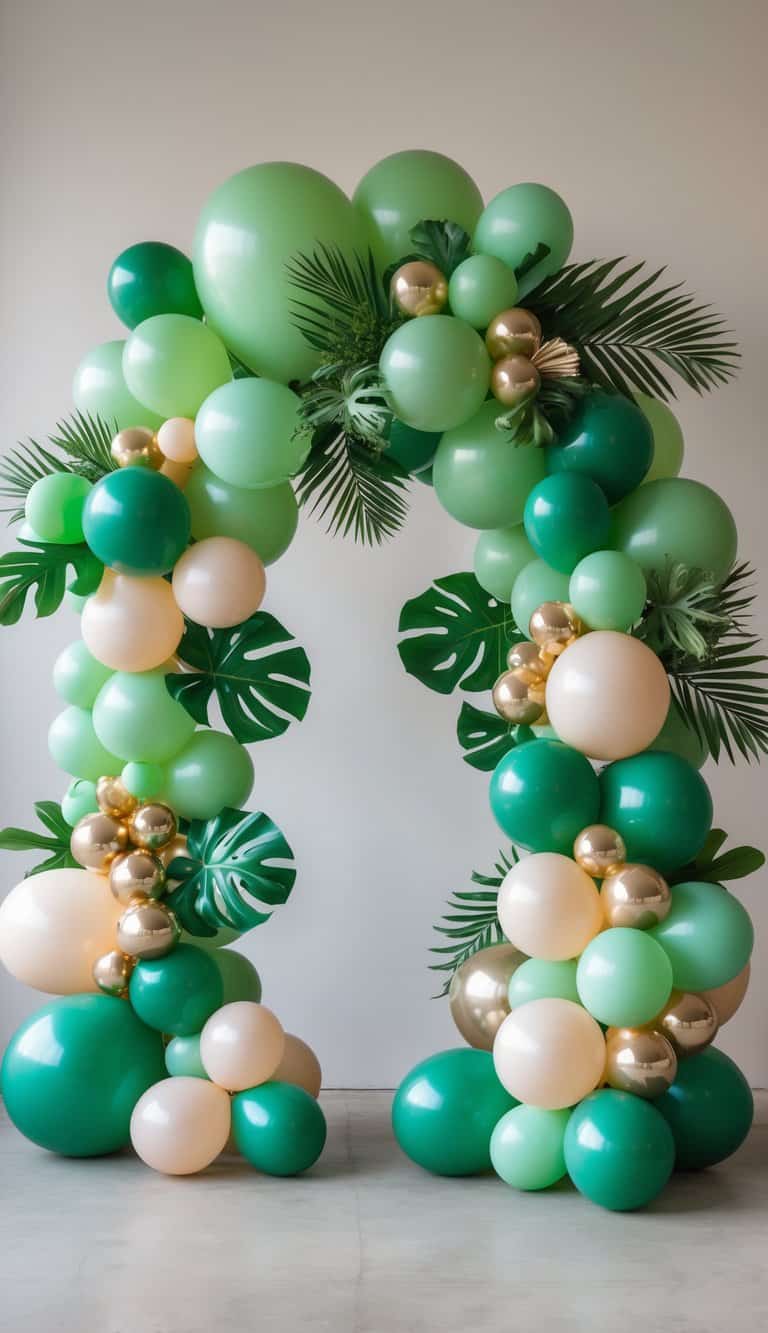 A colorful balloon arch decorated with green and pastel balloons, tropical leaves, and metallic accents arranged asymmetrically.