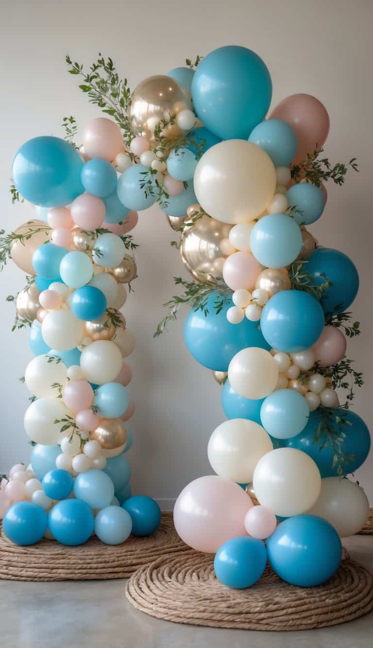 A gender reveal balloon arch with mixed sizes of blue, pink, white, and gold balloons arranged asymmetrically with twine and greenery accents.