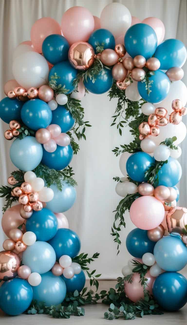 A colorful balloon arch decorated with greenery, featuring balloons in various sizes and shades of blue, pink, white, and metallic rose gold, arranged asymmetrically over a blurred background.