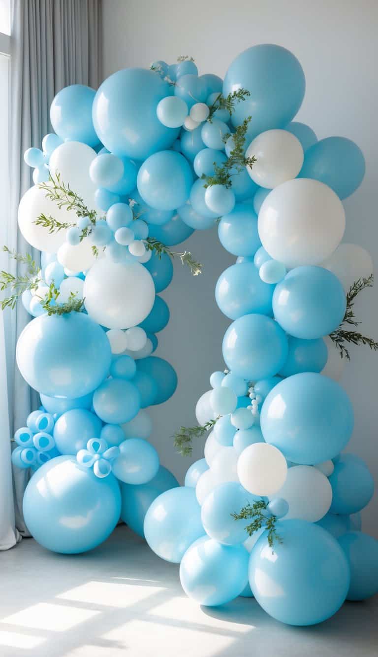 A baby blue balloon arch decorated with greenery and metallic accents, arranged asymmetrically with mixed balloon sizes.