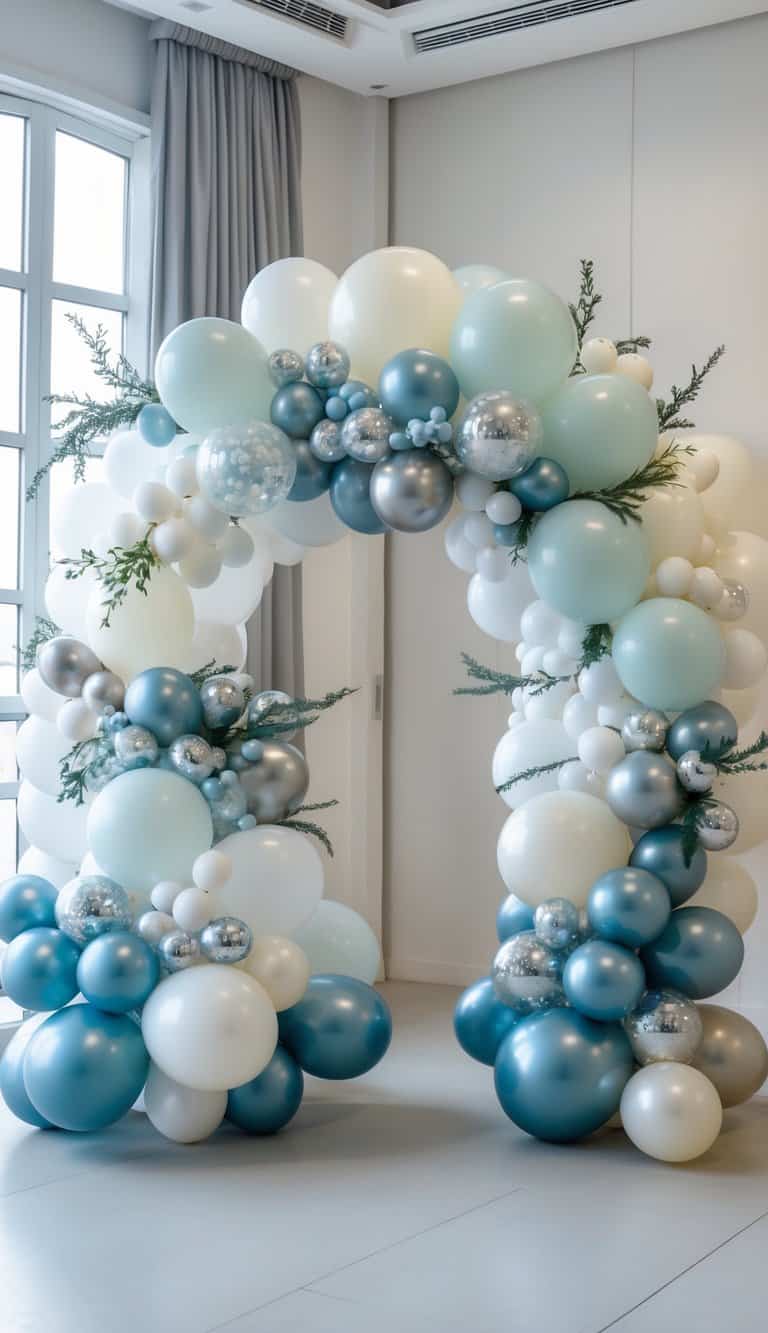 A small balloon arch in white and silver with greenery accents, arranged in an asymmetrical curve against a softly lit background.