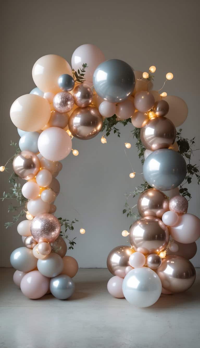 A small balloon arch decorated with mixed-size balloons, fairy lights, and greenery, arranged asymmetrically against a neutral background.