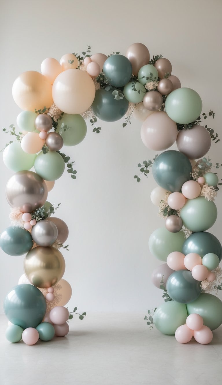A small balloon arch decorated with balloons of different sizes and colors, accented with greenery and pom poms, set against a plain background.