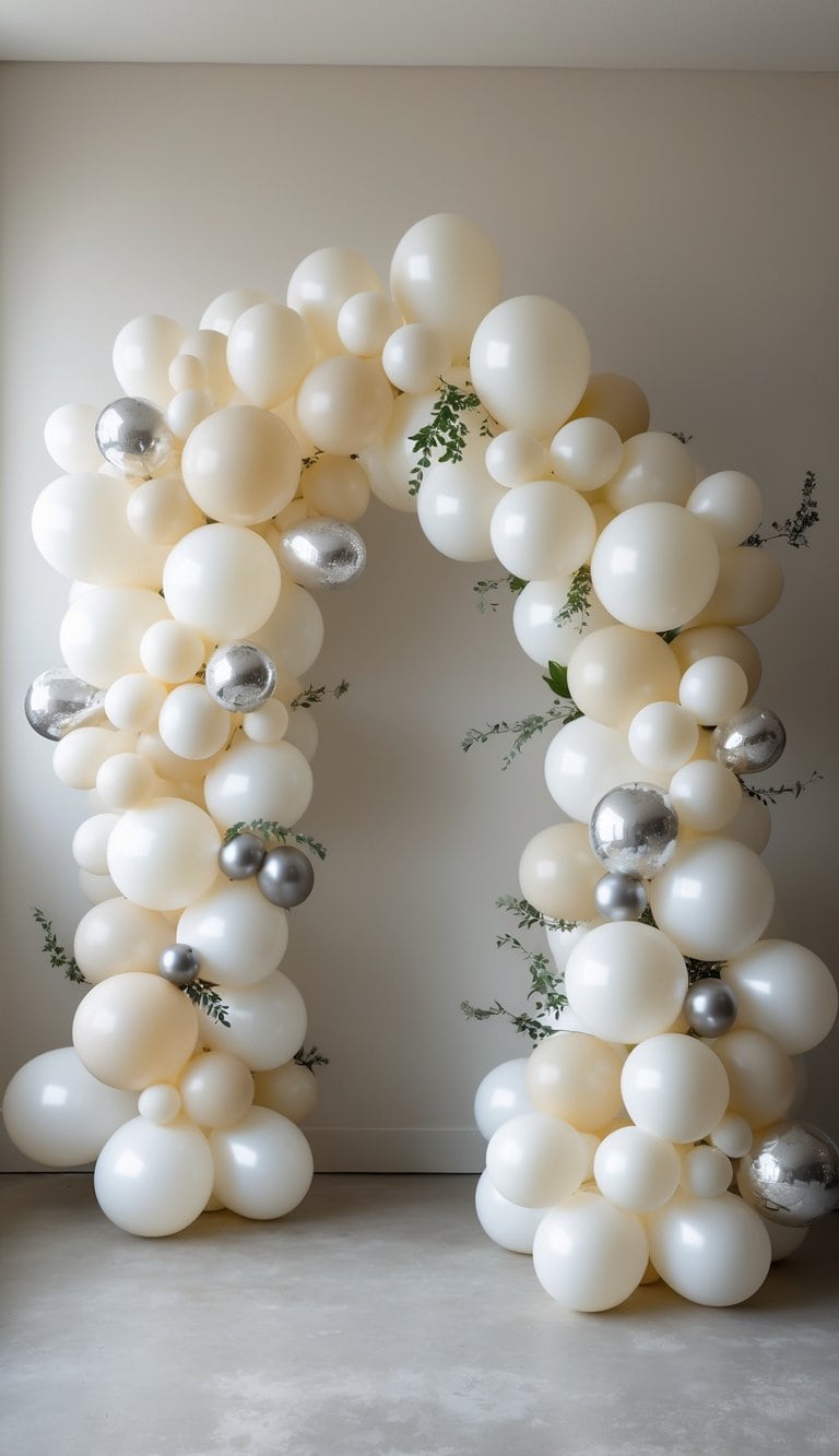A small balloon arch with white and gray balloons in various sizes, decorated with greenery and metallic accents, arranged asymmetrically against a plain background.