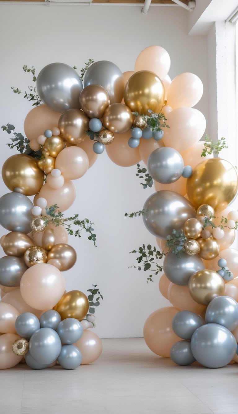 A small balloon arch decorated with pastel and metallic balloons, greenery accents, arranged as a backdrop for graduation photography.