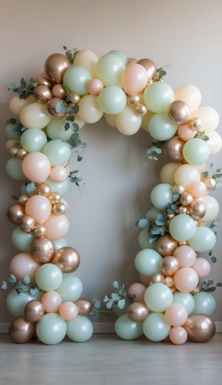 A compact balloon arch with mixed sizes and greenery, arranged asymmetrically around a photo booth area.