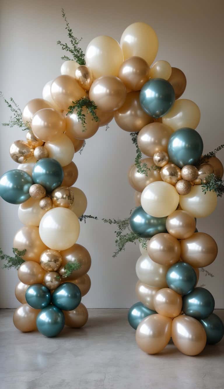 A small balloon arch made of shiny mylar balloons in various sizes, decorated with greenery and metallic accents, arranged in an asymmetrical design.
