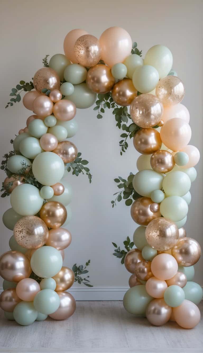 A small balloon arch with mixed balloons and greenery arranged asymmetrically against a neutral background.