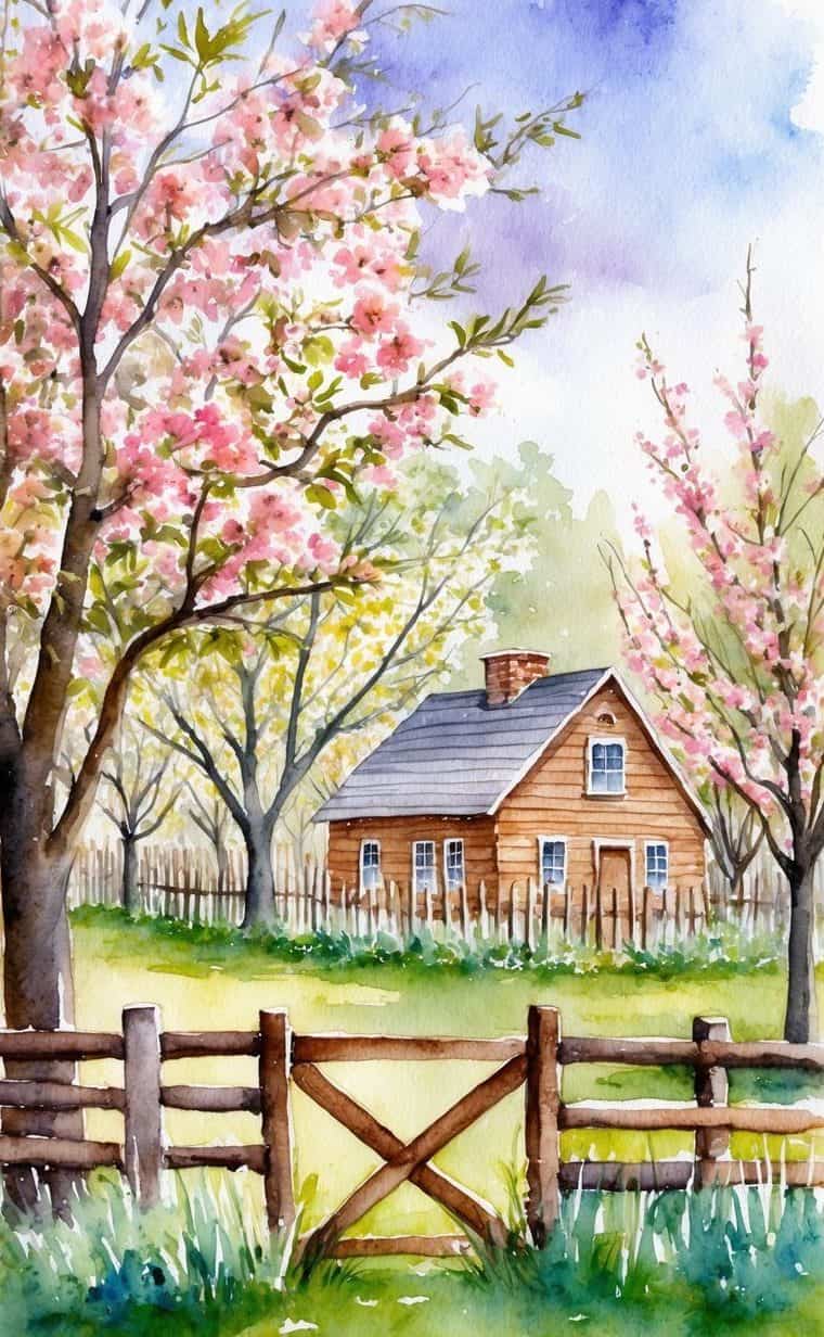 Watercolor painting of a wooden house with a gray roof, surrounded by blooming trees and a wooden fence on a sunny day.
