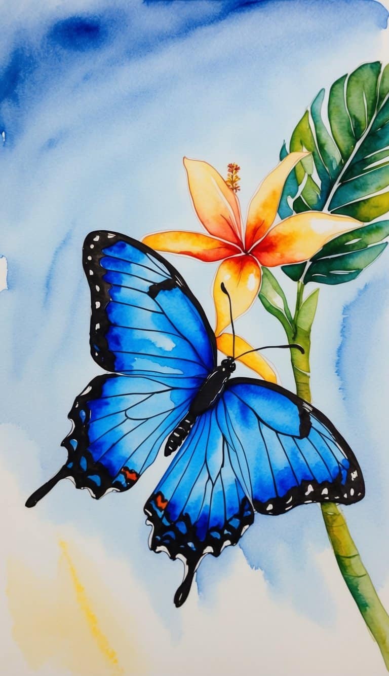 Hand-painted Butterfly iPhone wallpaper with blue butterfly and bright orange tropical flower on soft watercolor background.