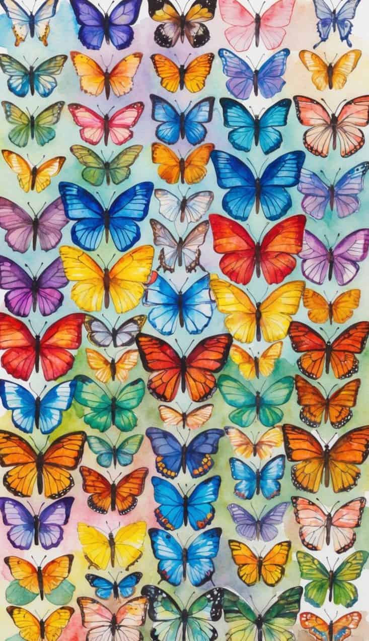 A vibrant swarm of 50 colorful butterflies in a collage