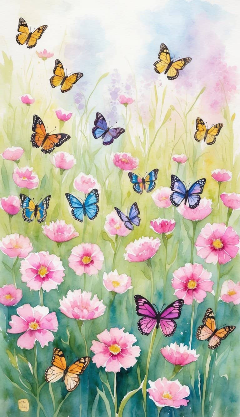 Watercolor butterfly iPhone wallpaper with orange and blue butterflies flying over light pink flowers and soft green grass.