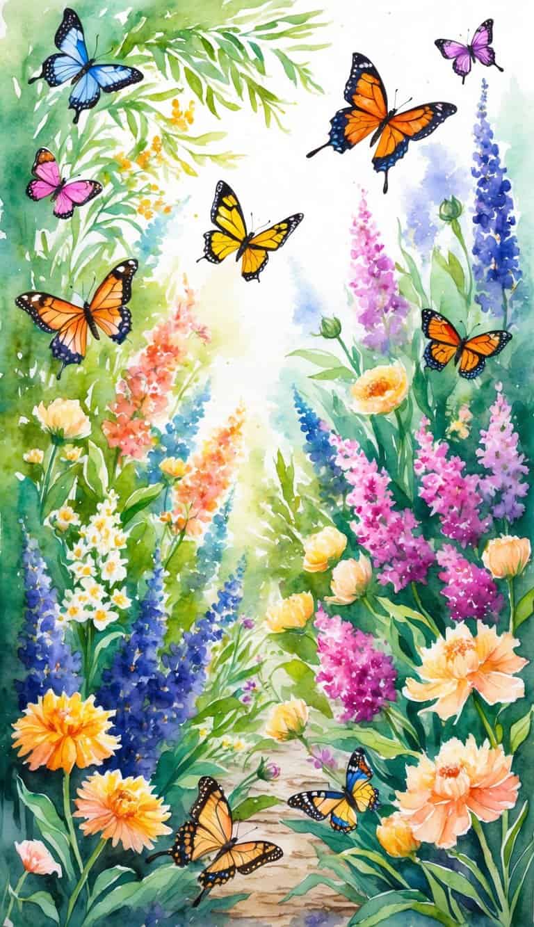A vibrant garden filled with colorful butterflies fluttering among blooming flowers and lush greenery
