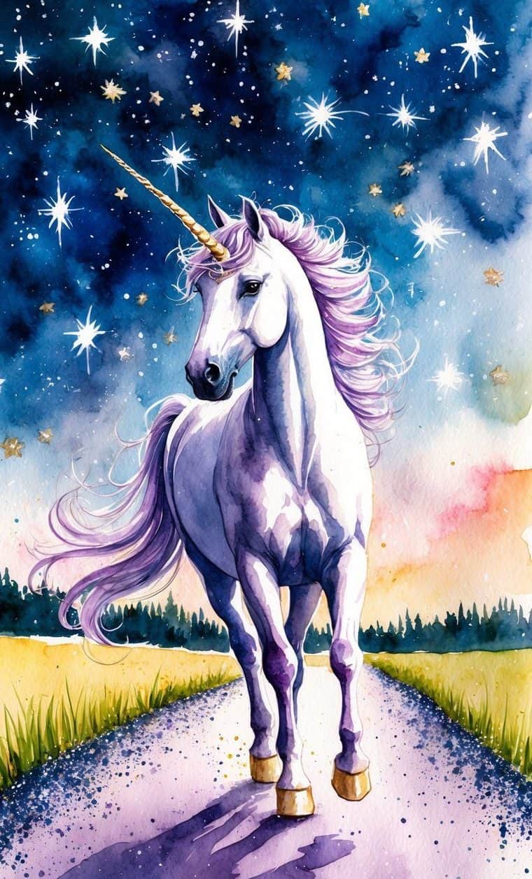 A white unicorn with a golden horn walks on a path under a starry night sky, with a field and distant trees in the background.