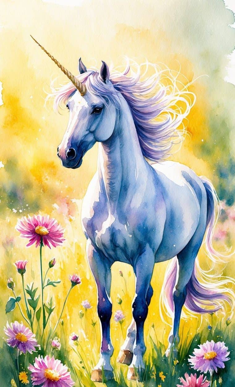 A white unicorn with a golden horn stands in a sunlit meadow surrounded by pink flowers and tall grass, with a soft yellow background.