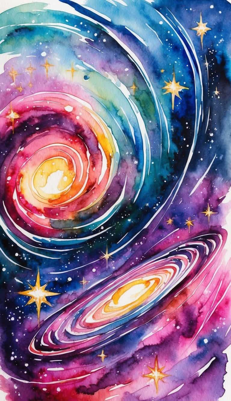 A vibrant cosmic landscape with swirling galaxies and sparkling stars