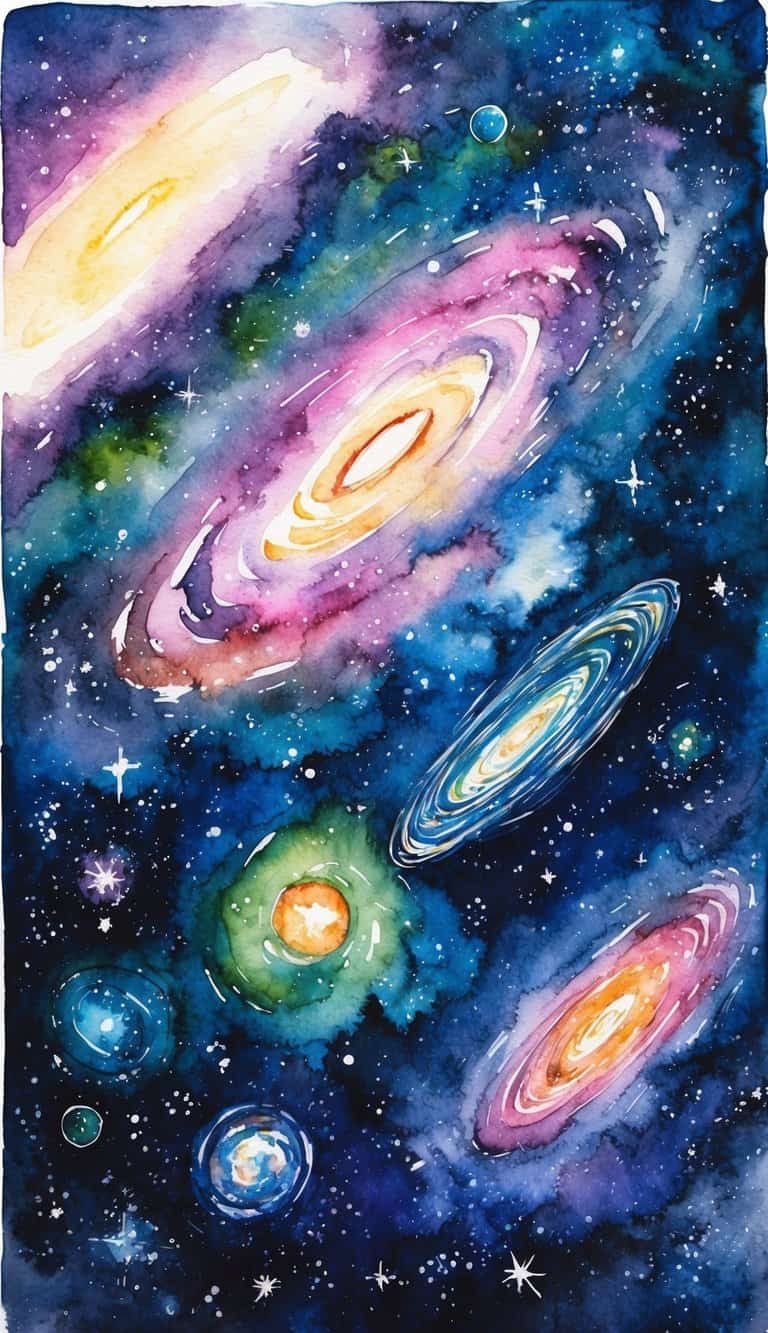 Watercolor painting of a colorful galaxy scene with swirling galaxies, bright stars, and planets against a dark space background.