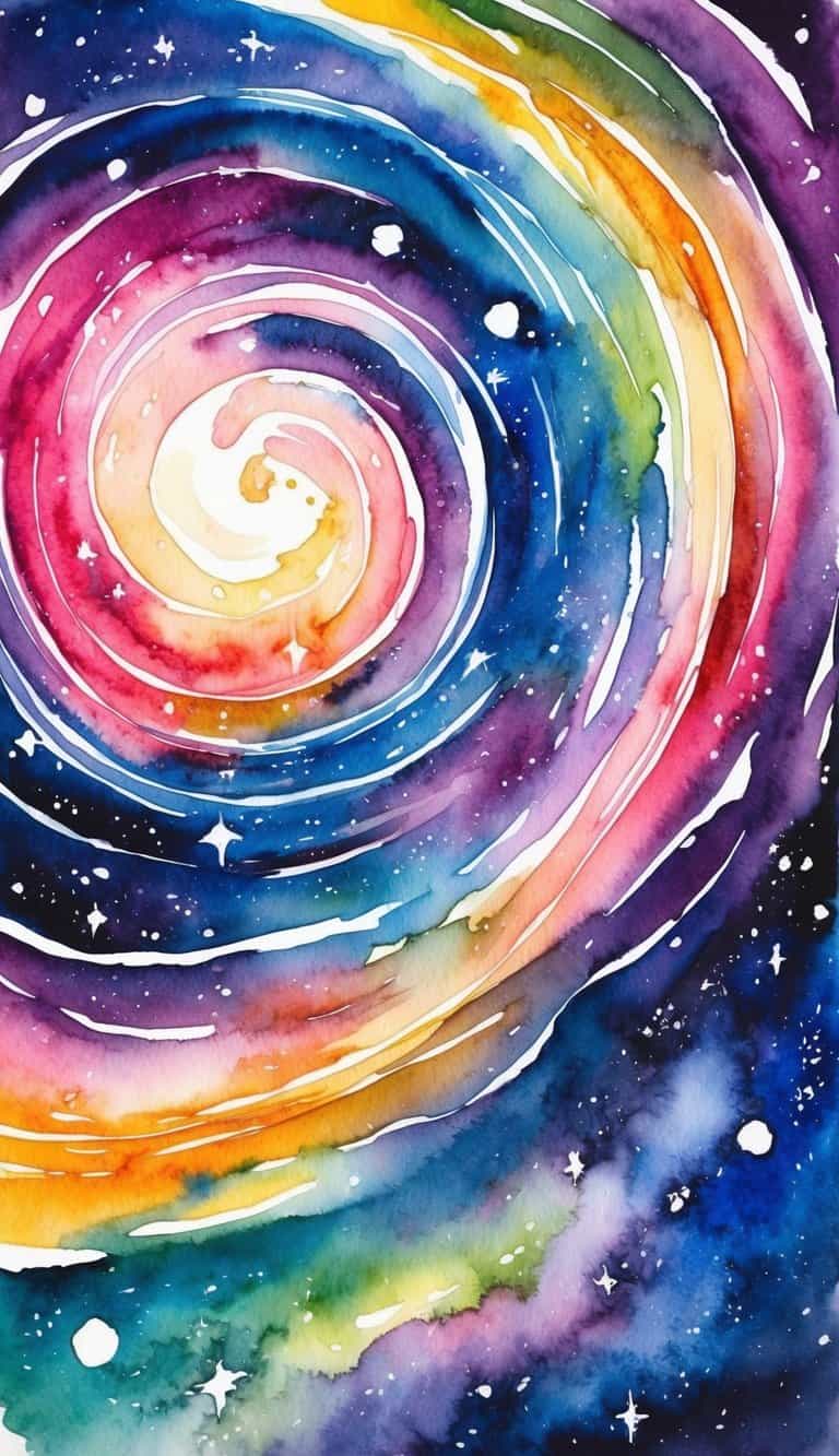 A cosmic landscape with swirling galaxies and stars in vibrant colors