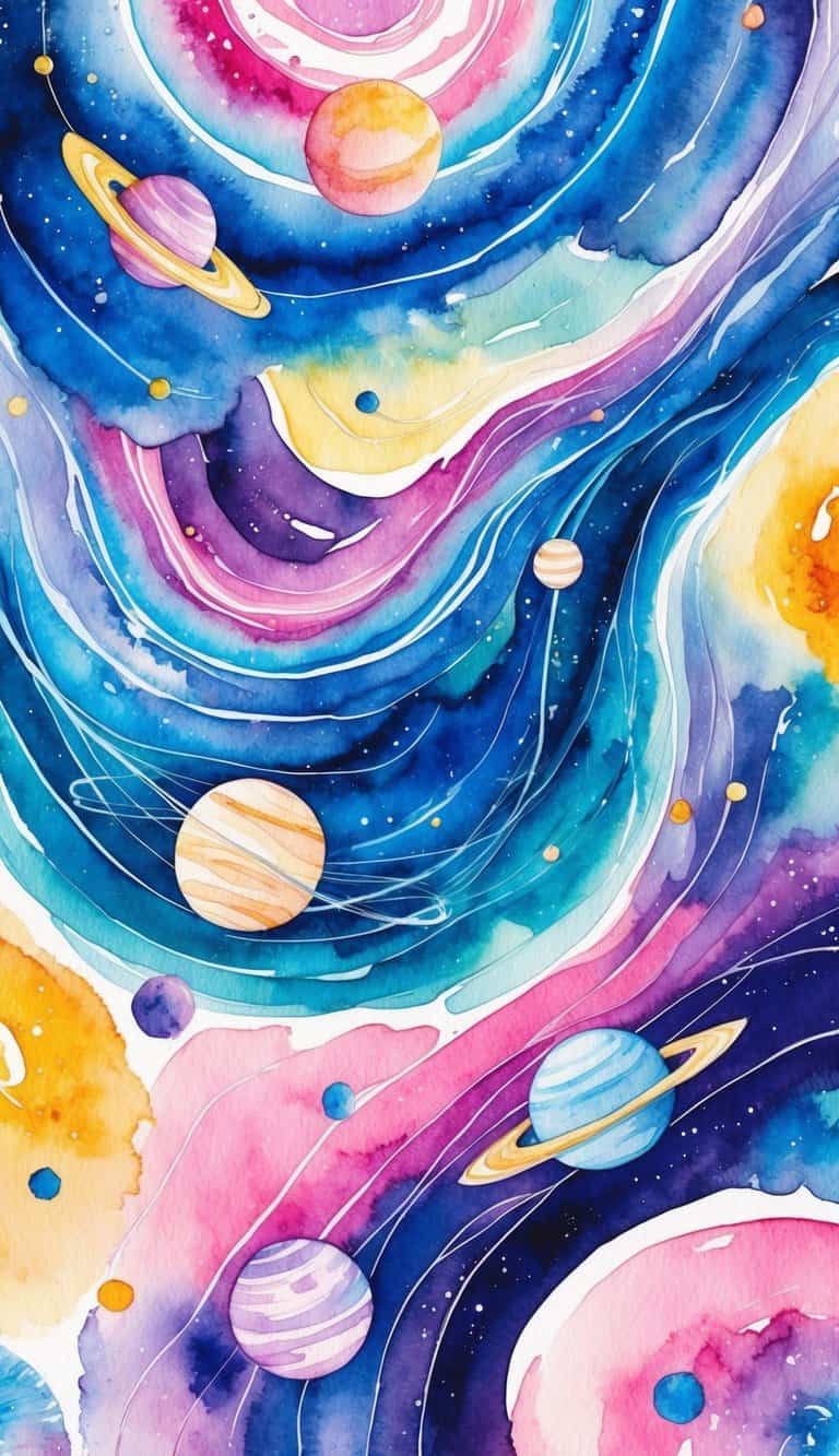 A vibrant array of swirling galaxies and planetary patterns fill the iPhone wallpaper, creating a mesmerizing cosmic display