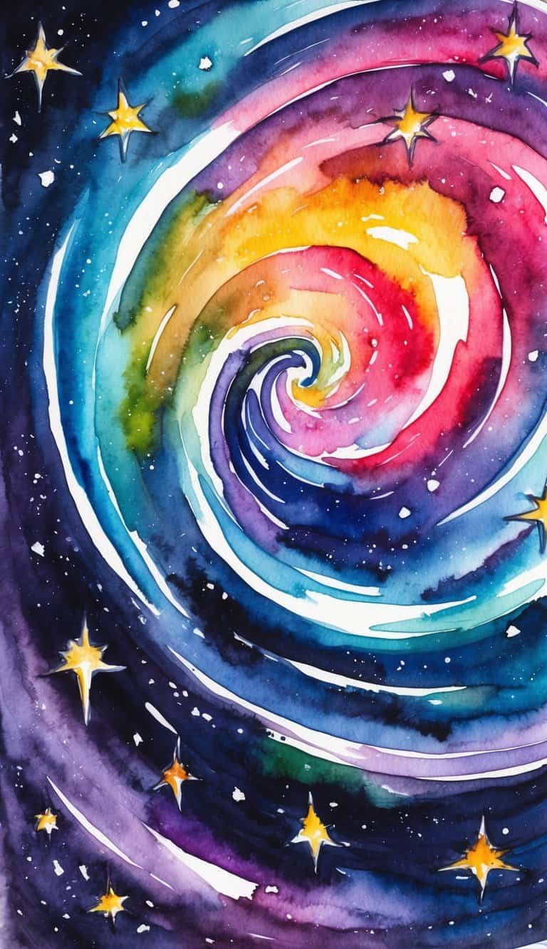 A swirling galaxy with vibrant colors and stars, set against a dark cosmic background