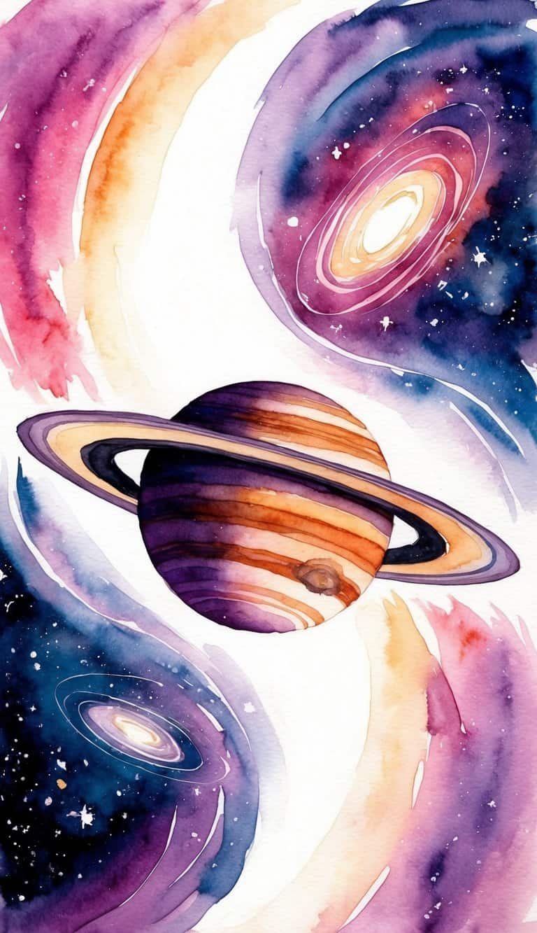 Saturn's rings seen from space, with swirling galaxies in the background