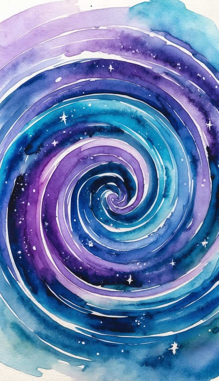 A swirling galaxy of blues and purples with hints of shimmering stars and a dreamy, otherworldly atmosphere