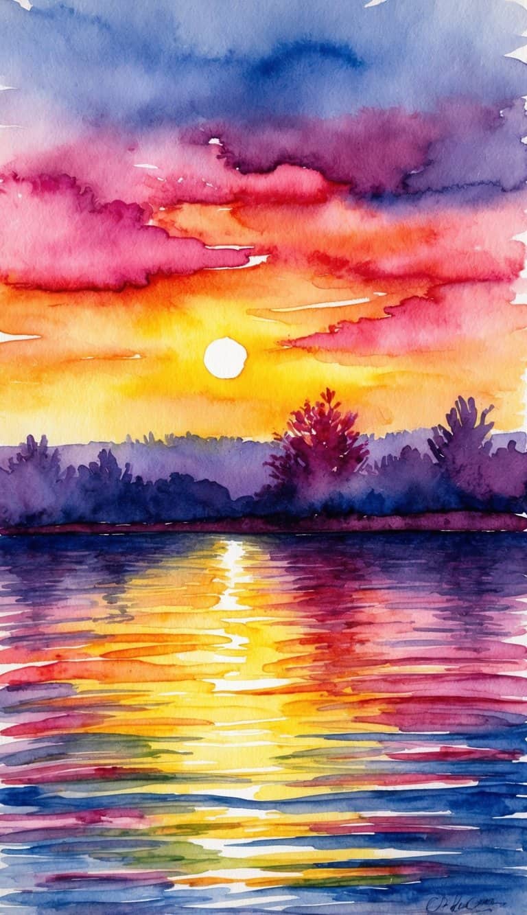 Vibrant sunset over calm water, reflecting colorful sky and silhouetted landscape