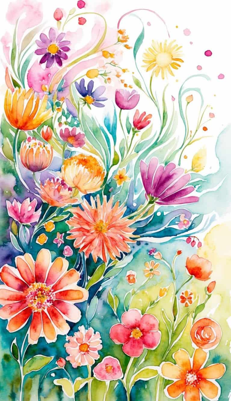 Vibrant watercolor flowers in various shapes and sizes, swirling and intertwining to create a dreamy and whimsical floral fantasy
