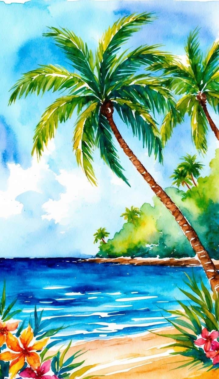 A vibrant tropical beach with palm trees, crystal blue water, and colorful flowers