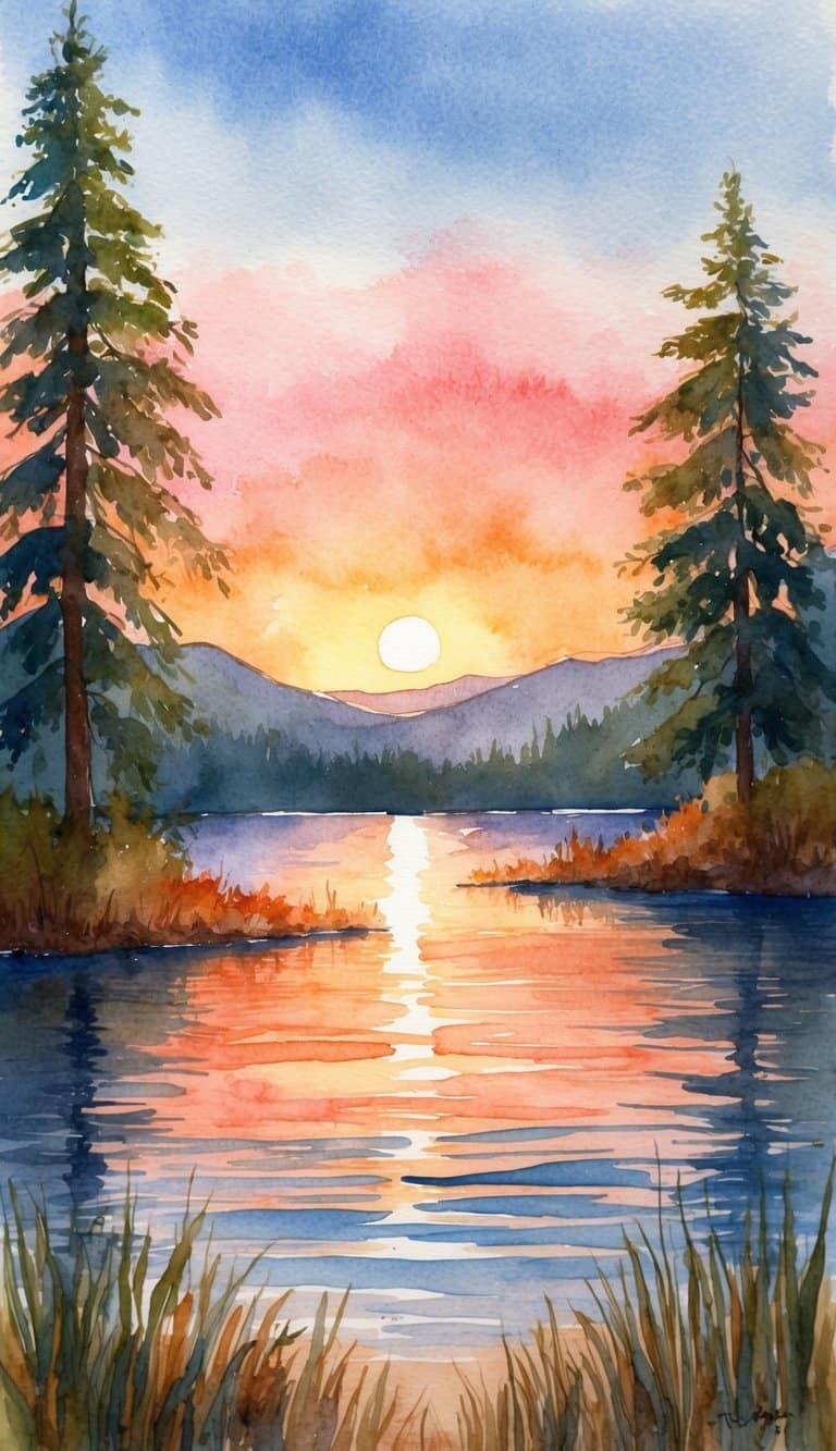 A serene lake reflecting the warm hues of the setting sun, surrounded by trees and distant mountains