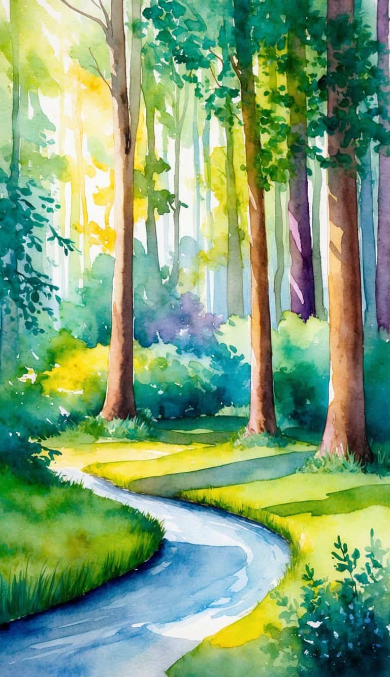 A serene forest with vibrant colors, a winding stream, and lush foliage. Sunlight filters through the trees, casting dappled shadows on the forest floor