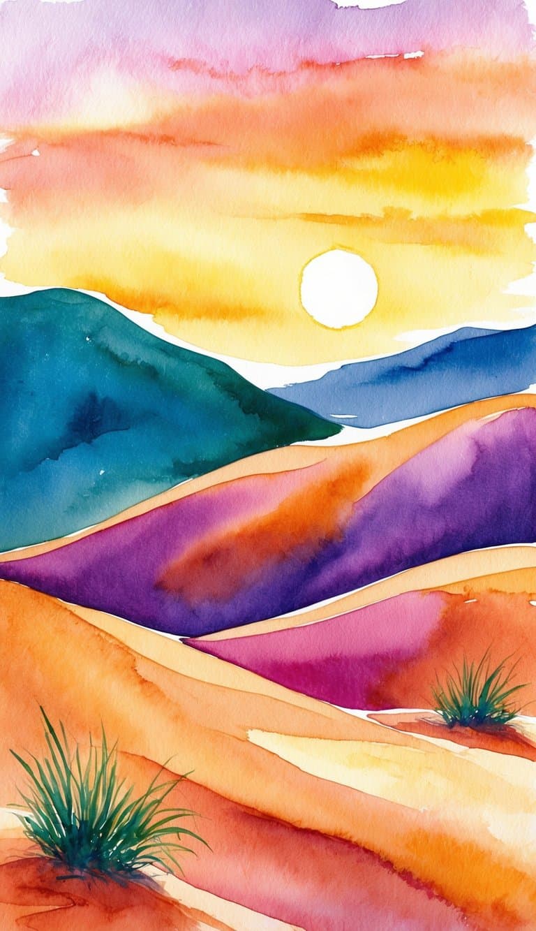 Vibrant watercolor desert dunes under a golden sunset sky
