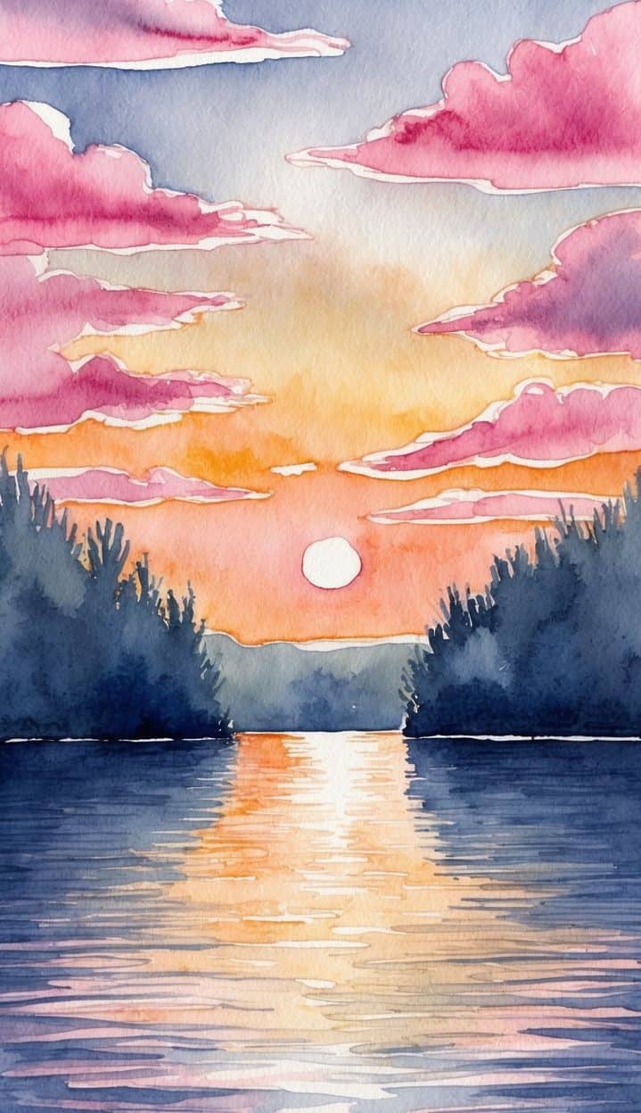 Watercolor painting of a sunset over a river, with the sun low on the horizon, pink clouds in the sky, and tree silhouettes reflecting in the water.