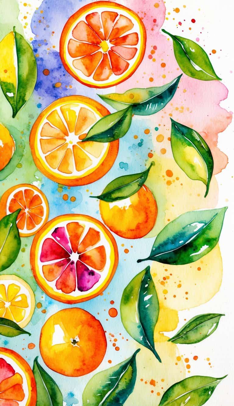 Vibrant citrus fruits and leaves scattered on a watercolor background, with bright bursts of color and playful splashes