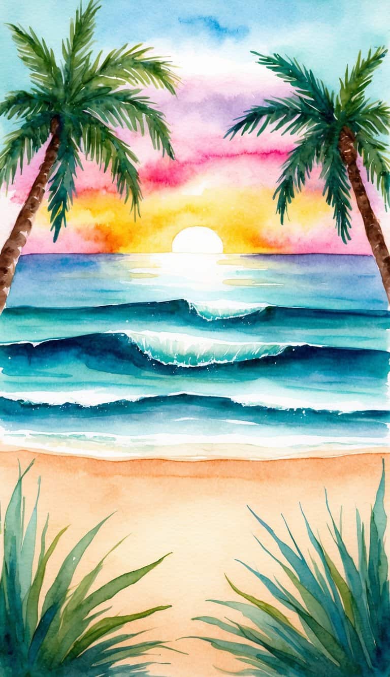 Sunset beach watercolor iPhone wallpaper showing palms, waves, and bright sky colors.
