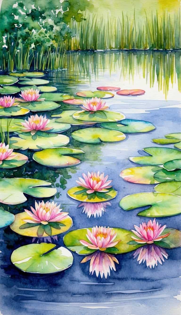 A serene pond filled with vibrant water lilies, surrounded by lush green foliage and reflected in the calm water