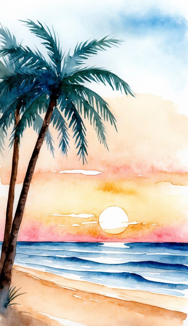 A serene beach at sunset with gentle waves and palm trees lining the shore. The sky is painted in warm watercolor hues, creating a peaceful and dreamy atmosphere