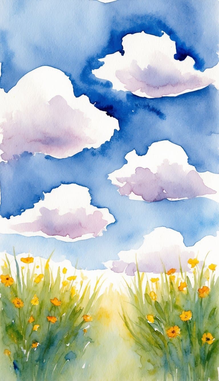Artistic watercolor iPhone wallpaper with wildflowers, grassy field, and fluffy purple-tinted clouds.
